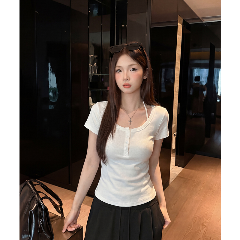 實拍實價#u領正肩短袖t恤女夏2026新款純色修身短款上衣半袖體恤
