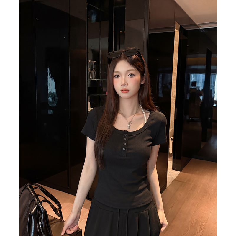 實拍實價#u領正肩短袖t恤女夏2026新款純色修身短款上衣半袖體恤
