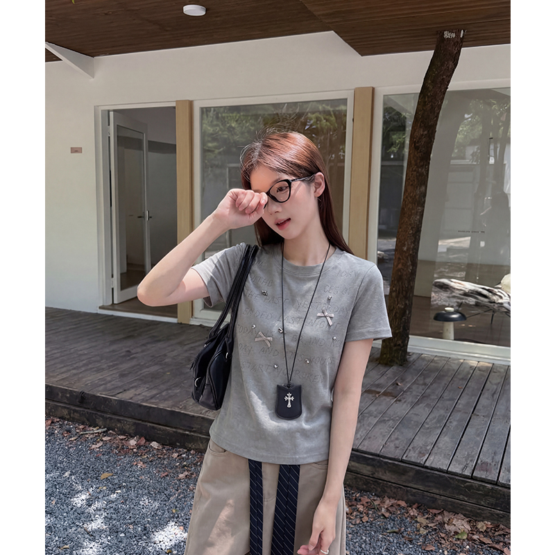 蝴蝶結鑲鉆純棉正肩短袖t恤女2026年夏季洋氣別致上衣修身顯瘦