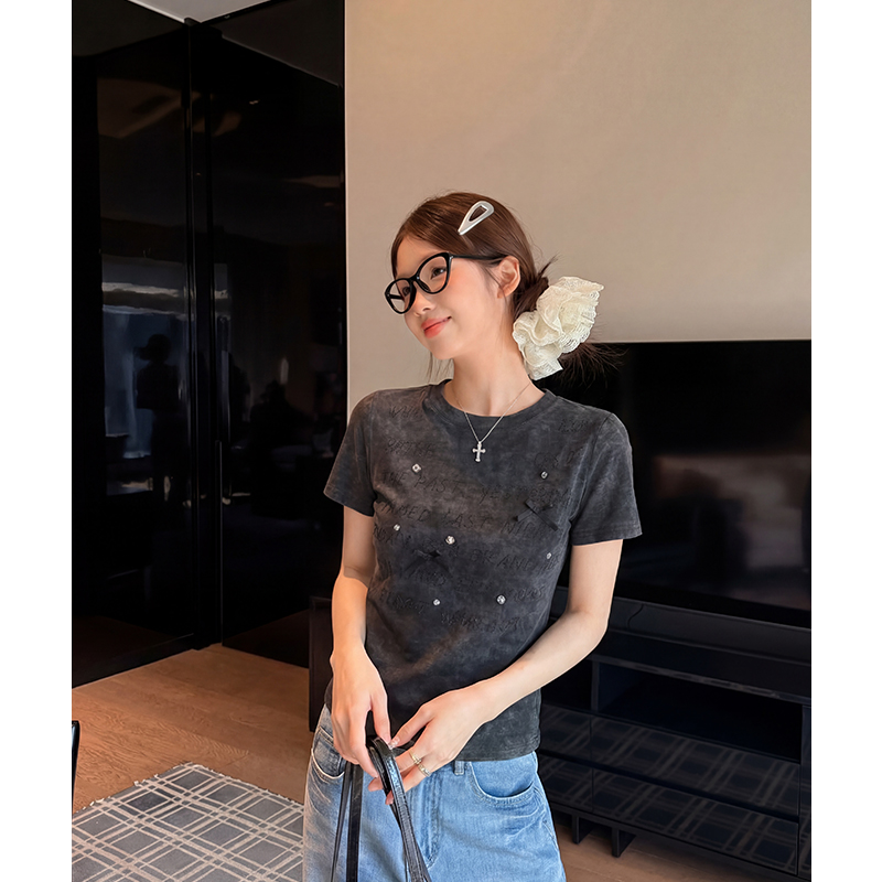 蝴蝶結鑲鉆純棉正肩短袖t恤女2026年夏季洋氣別致上衣修身顯瘦