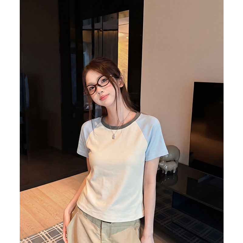 實拍實價正肩插肩袖短袖t恤女2026新款夏季獨特別拼接短款上衣潮