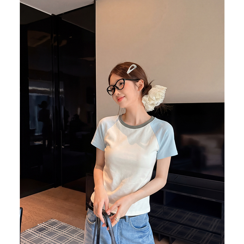 實拍實價正肩插肩袖短袖t恤女2026新款夏季獨特別拼接短款上衣潮