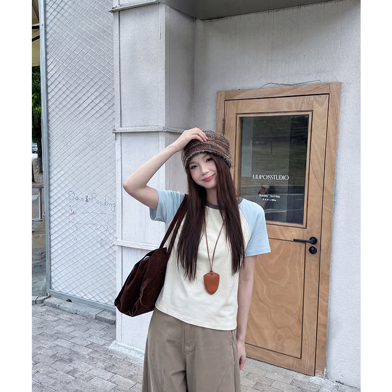實拍實價正肩插肩袖短袖t恤女2026新款夏季獨特別拼接短款上衣潮