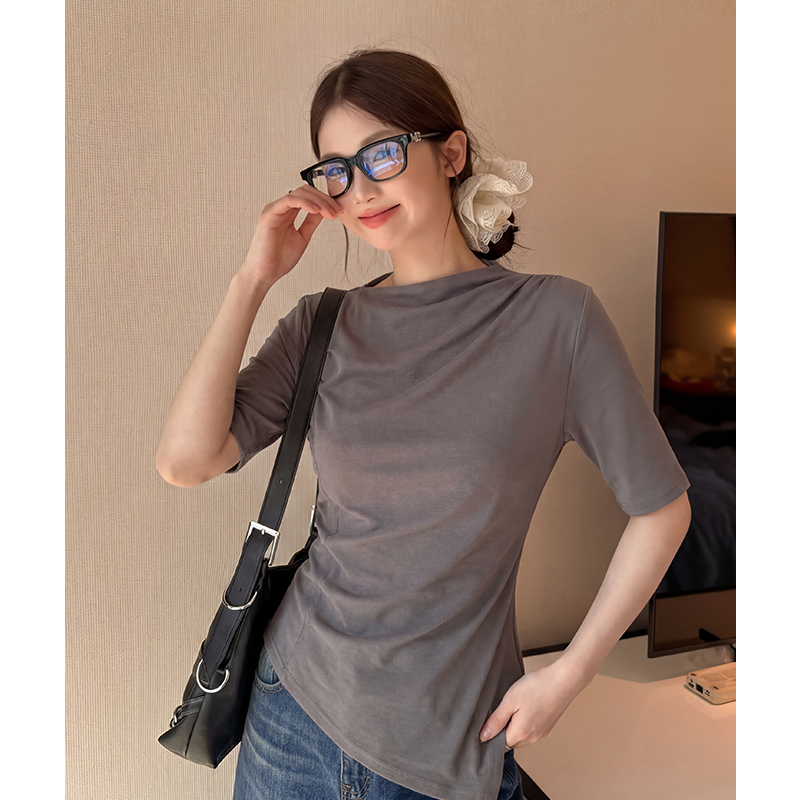 實拍實價白色半高領短袖t恤女薄款莫代爾不規則七分袖上衣女中袖
