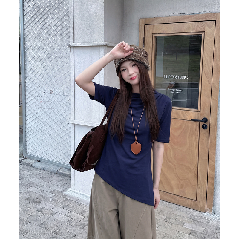 實拍實價白色半高領短袖t恤女薄款莫代爾不規則七分袖上衣女中袖