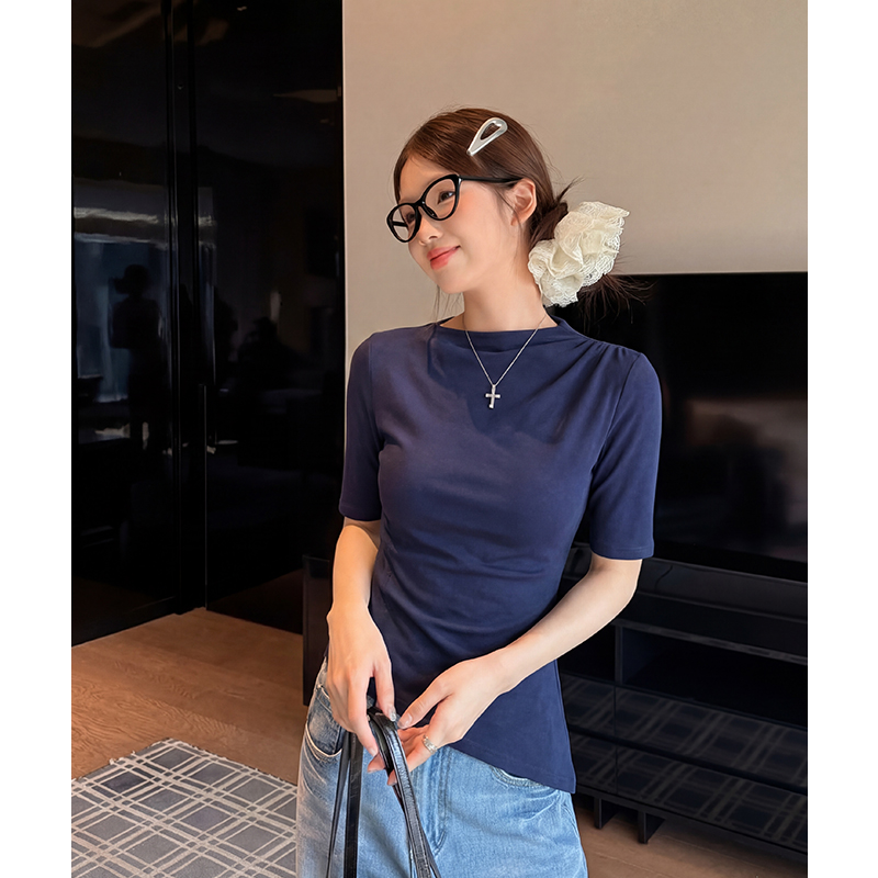 實拍實價白色半高領短袖t恤女薄款莫代爾不規則七分袖上衣女中袖