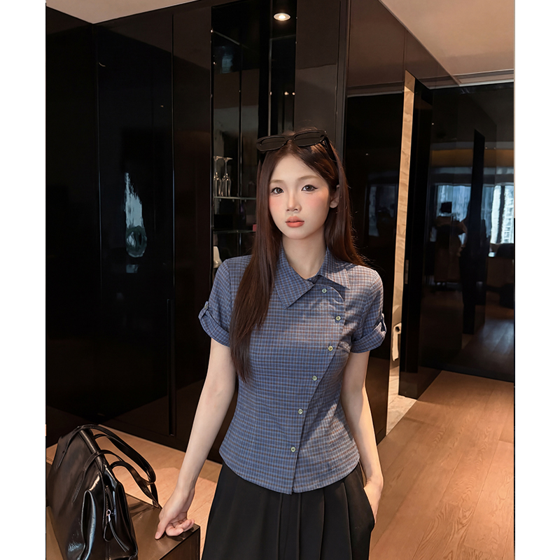 實拍實價美式復古格子短袖襯衫女2026夏季新款收腰修身顯瘦襯衣