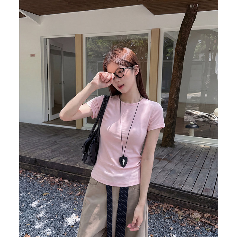 實拍實價萊賽爾天絲短款露臍上衣女純色基礎款體恤打底衫圓領正肩