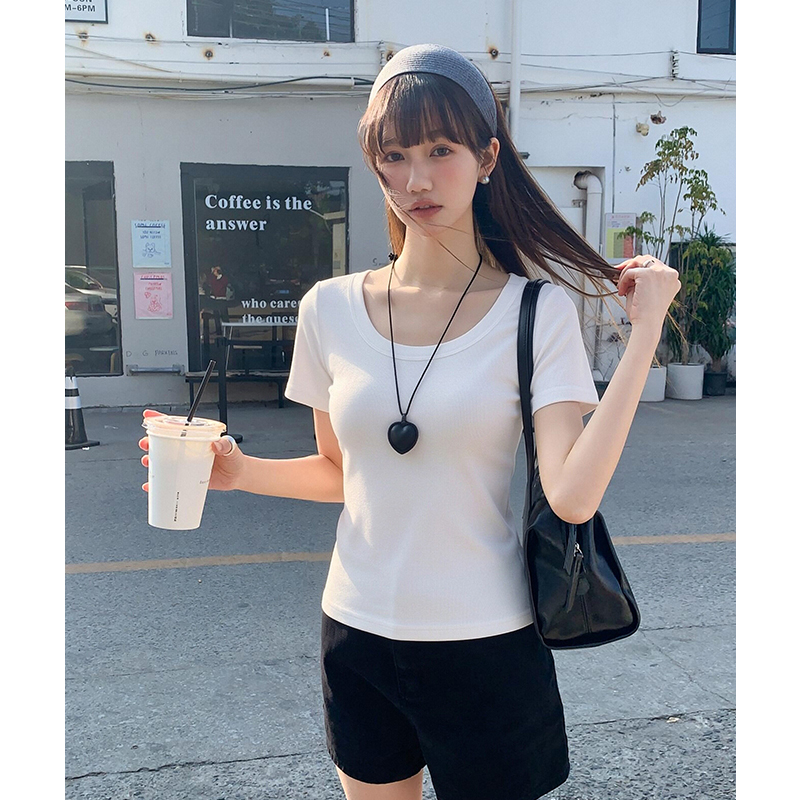 實拍實價#低圓領漏鎖短袖t恤女新款2026春季純棉體恤甜辣短款上衣
