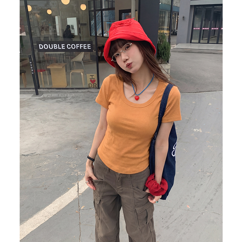 實拍實價#低圓領漏鎖短袖t恤女新款2026春季純棉體恤甜辣短款上衣