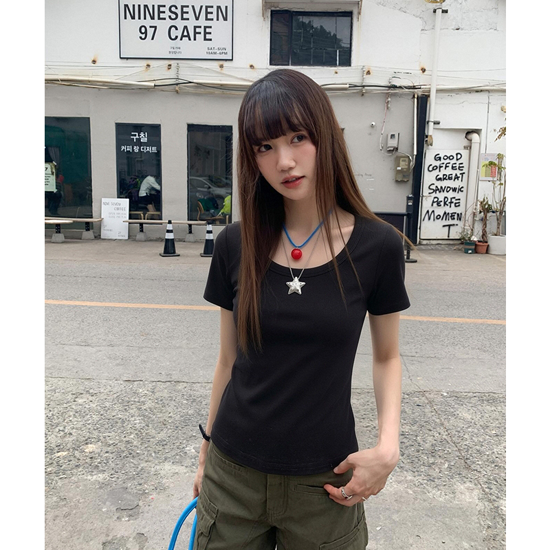 實拍實價#低圓領漏鎖短袖t恤女新款2026春季純棉體恤甜辣短款上衣