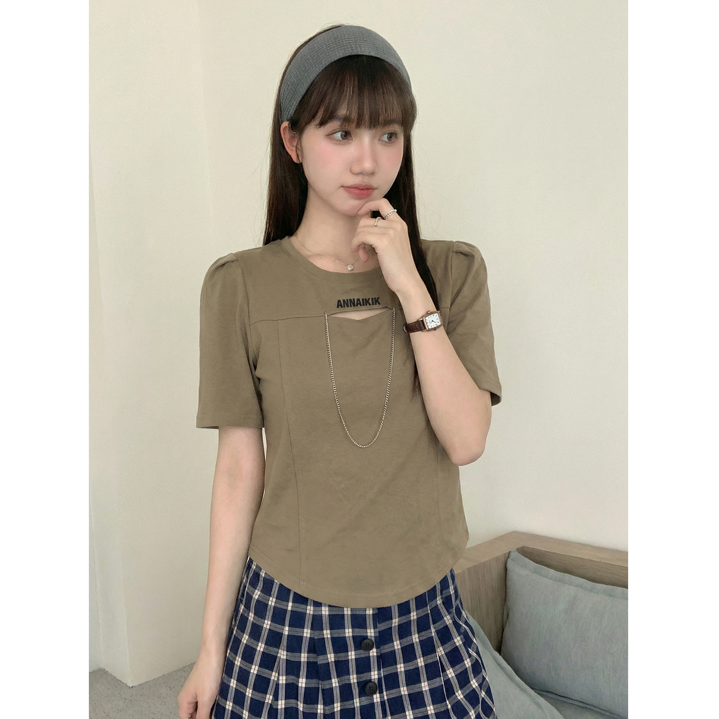 實拍實價#歐貨魚骨短袖t恤女夏季新款鏤空寬松版泡泡袖上衣女