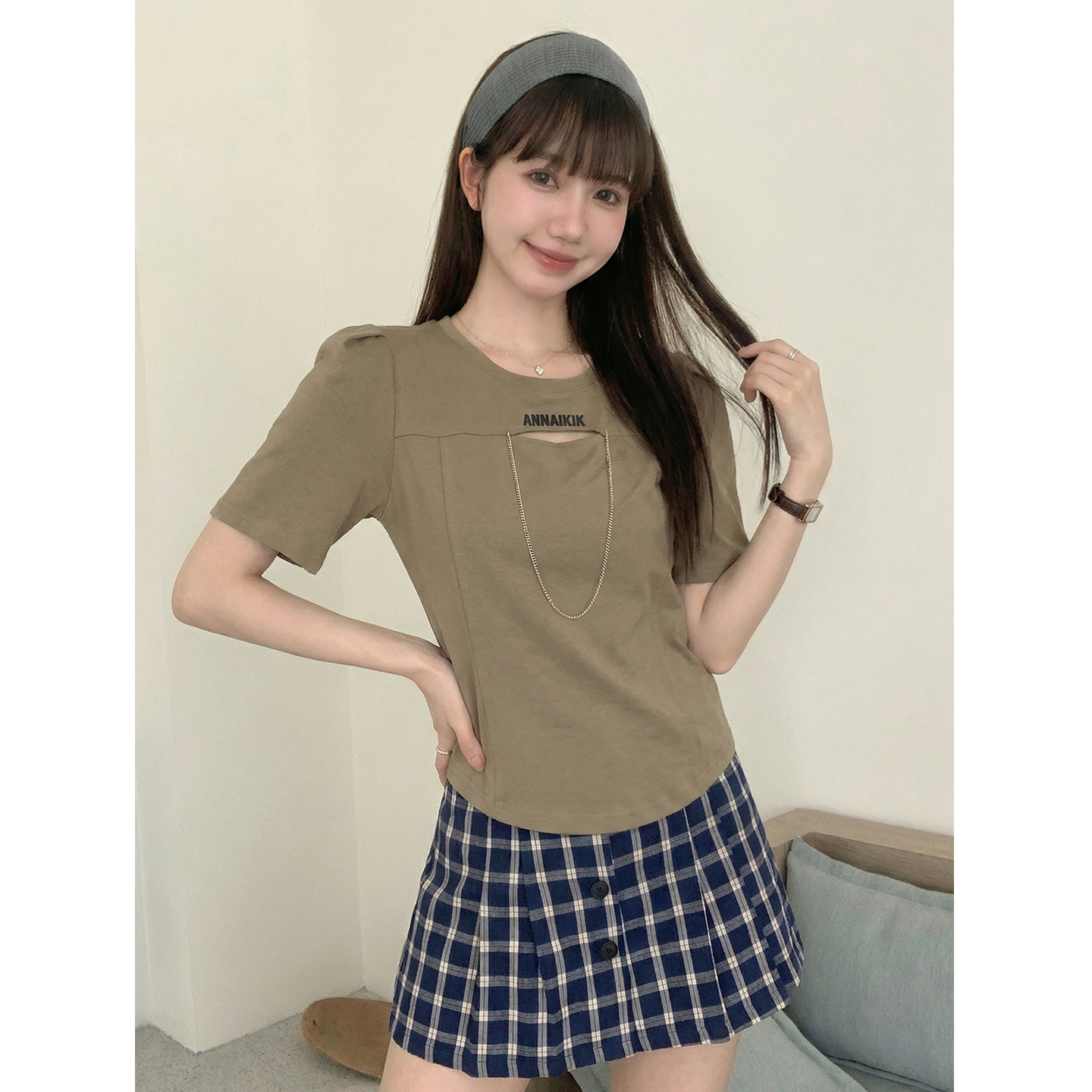 實拍實價#歐貨魚骨短袖t恤女夏季新款鏤空寬松版泡泡袖上衣女