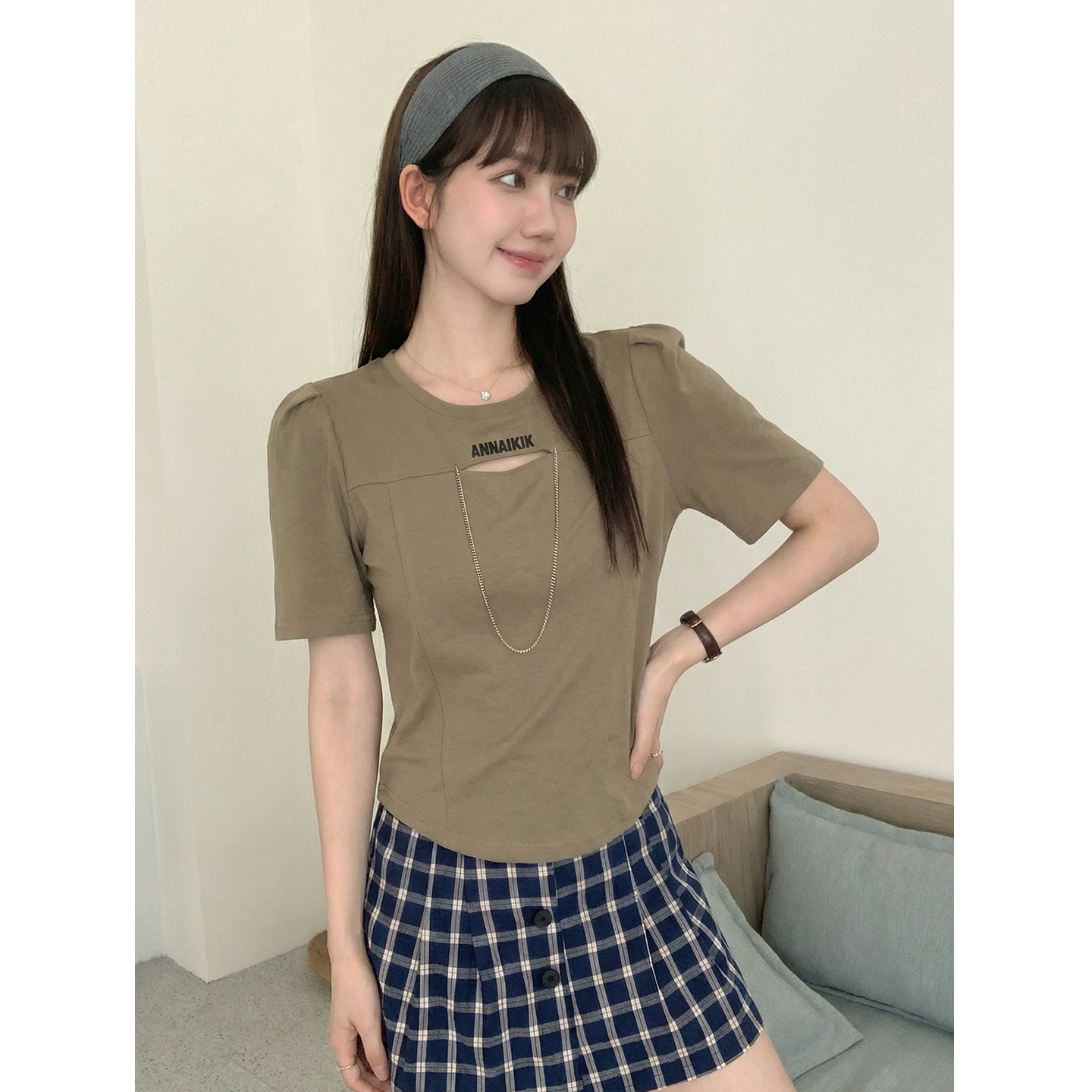實拍實價#歐貨魚骨短袖t恤女夏季新款鏤空寬松版泡泡袖上衣女