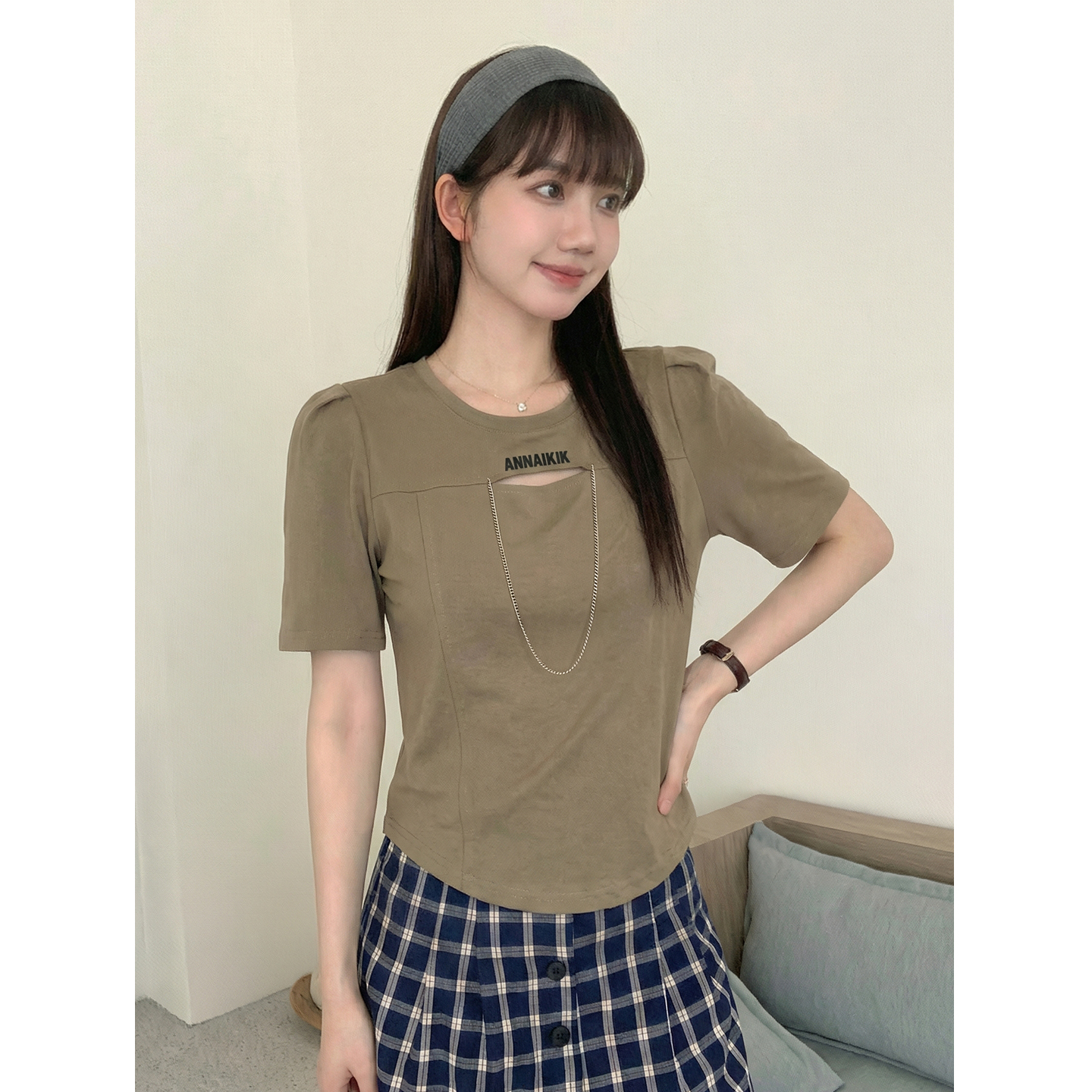 實拍實價#歐貨魚骨短袖t恤女夏季新款鏤空寬松版泡泡袖上衣女