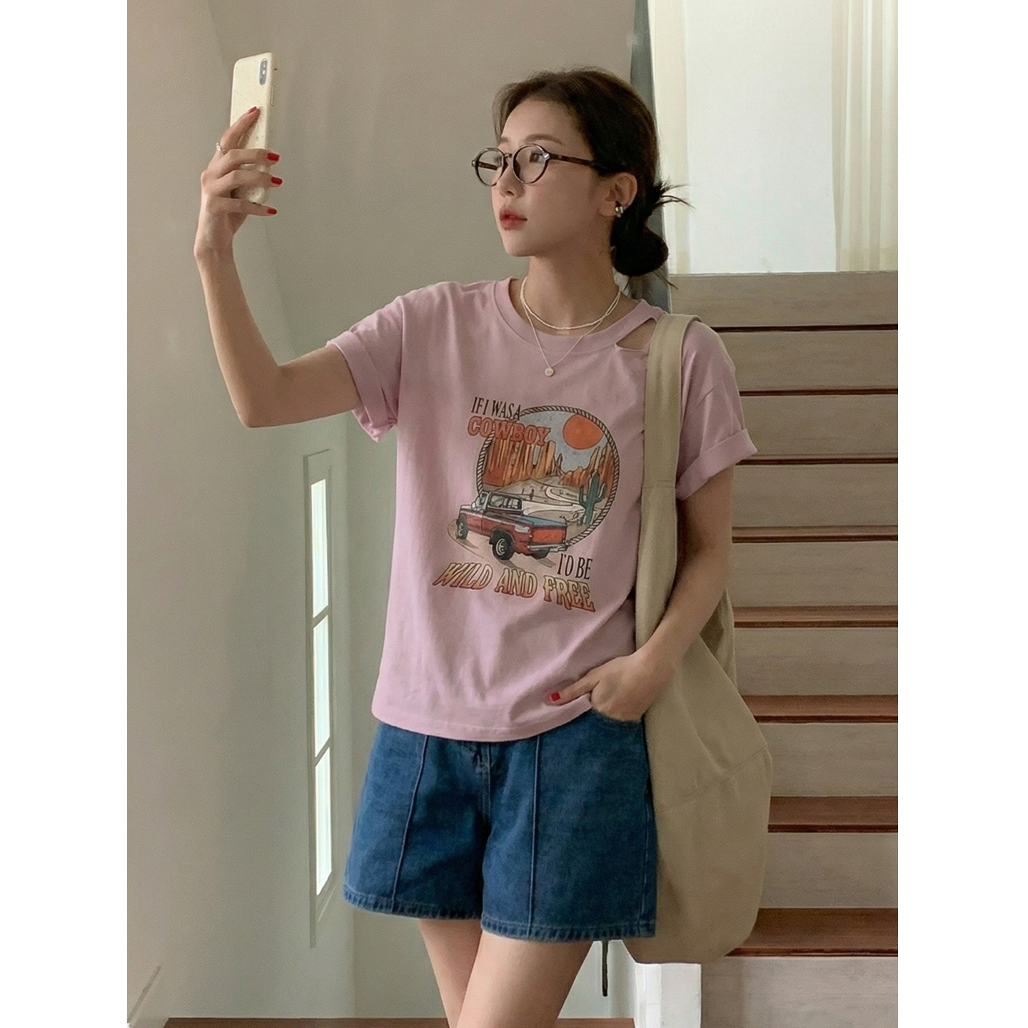 實價實拍#白色露肩純棉印花正肩短袖t恤女夏季美式小個子寬松上衣