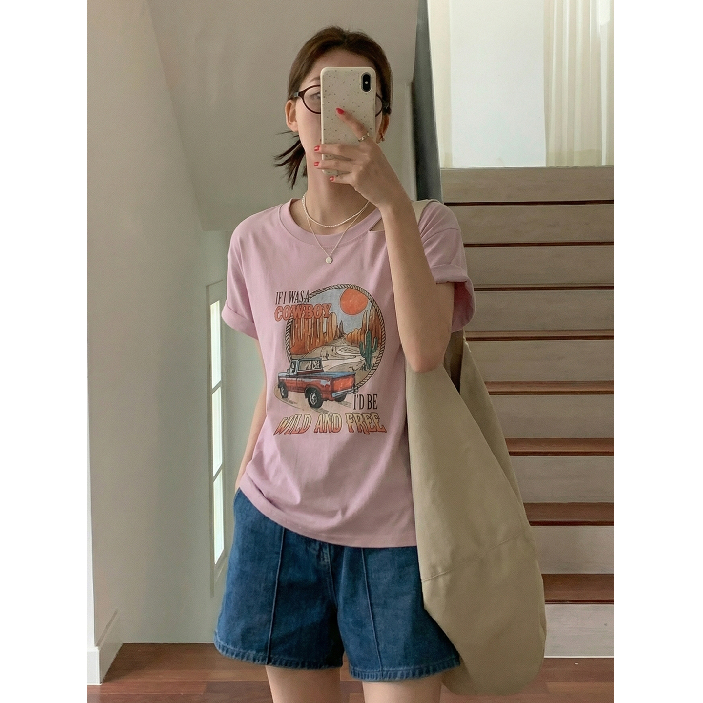 實價實拍#白色露肩純棉印花正肩短袖t恤女夏季美式小個子寬松上衣