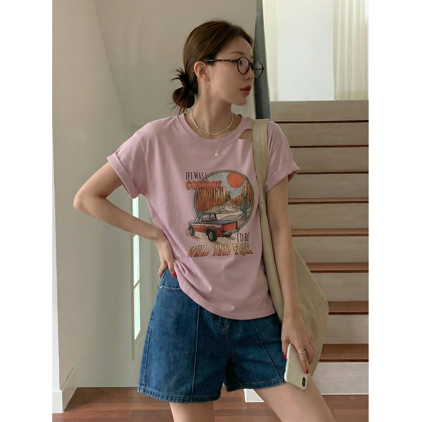 實價實拍#白色露肩純棉印花正肩短袖t恤女夏季美式小個子寬松上衣