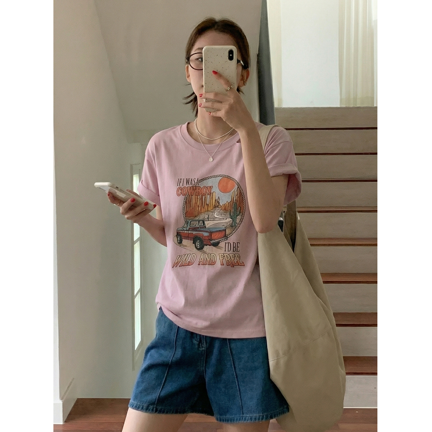 實價實拍#白色露肩純棉印花正肩短袖t恤女夏季美式小個子寬松上衣