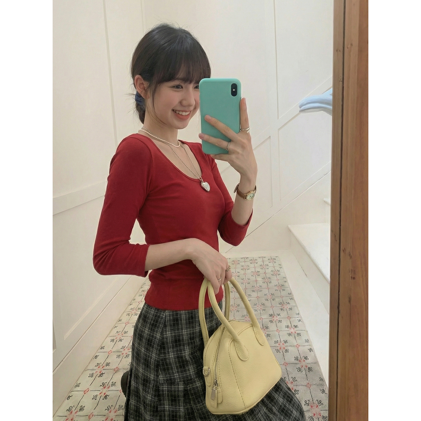 實拍實價#灰色u領短袖女t恤2025新款初2025秋季打底衫女中袖半袖
