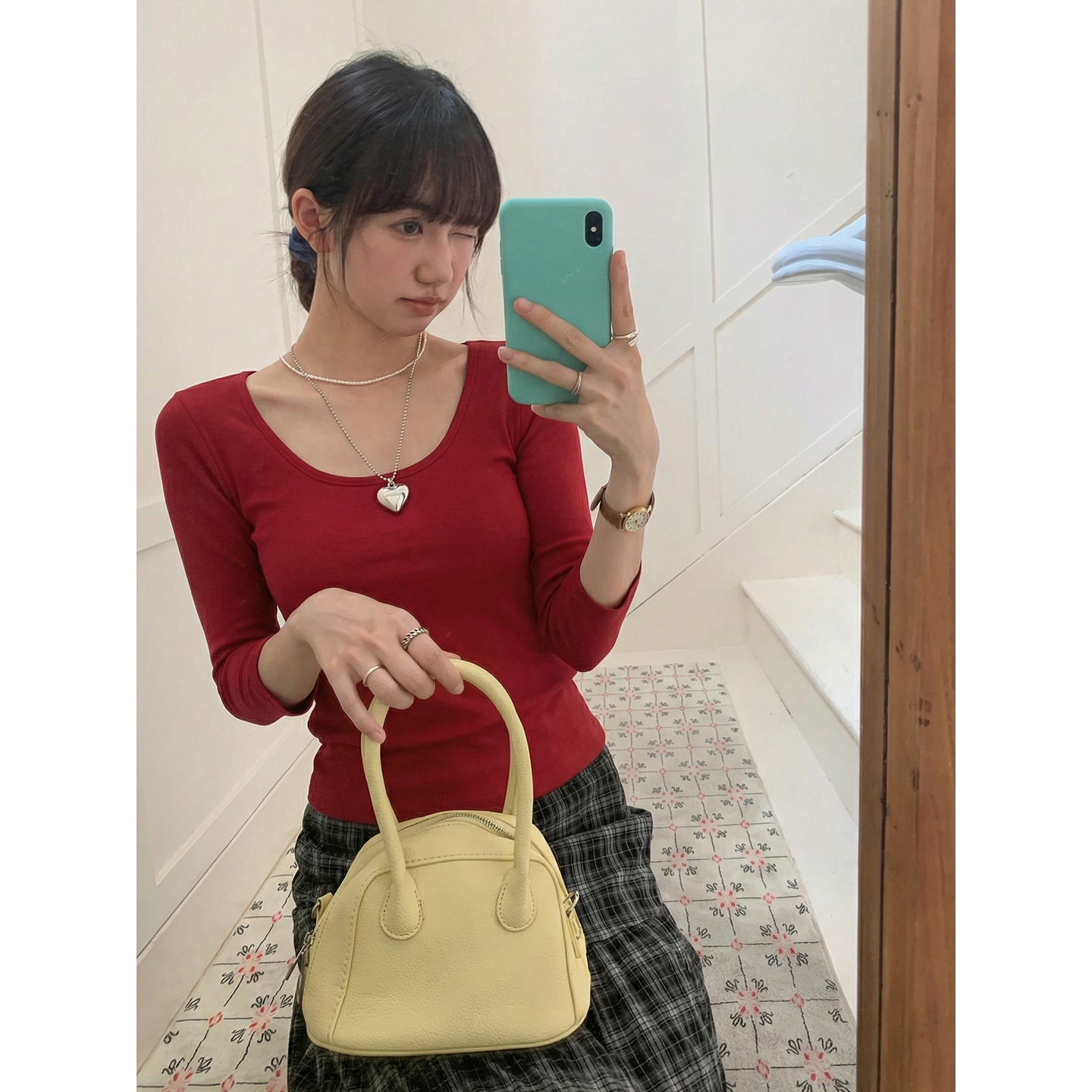 實拍實價#灰色u領短袖女t恤2025新款初2025秋季打底衫女中袖半袖