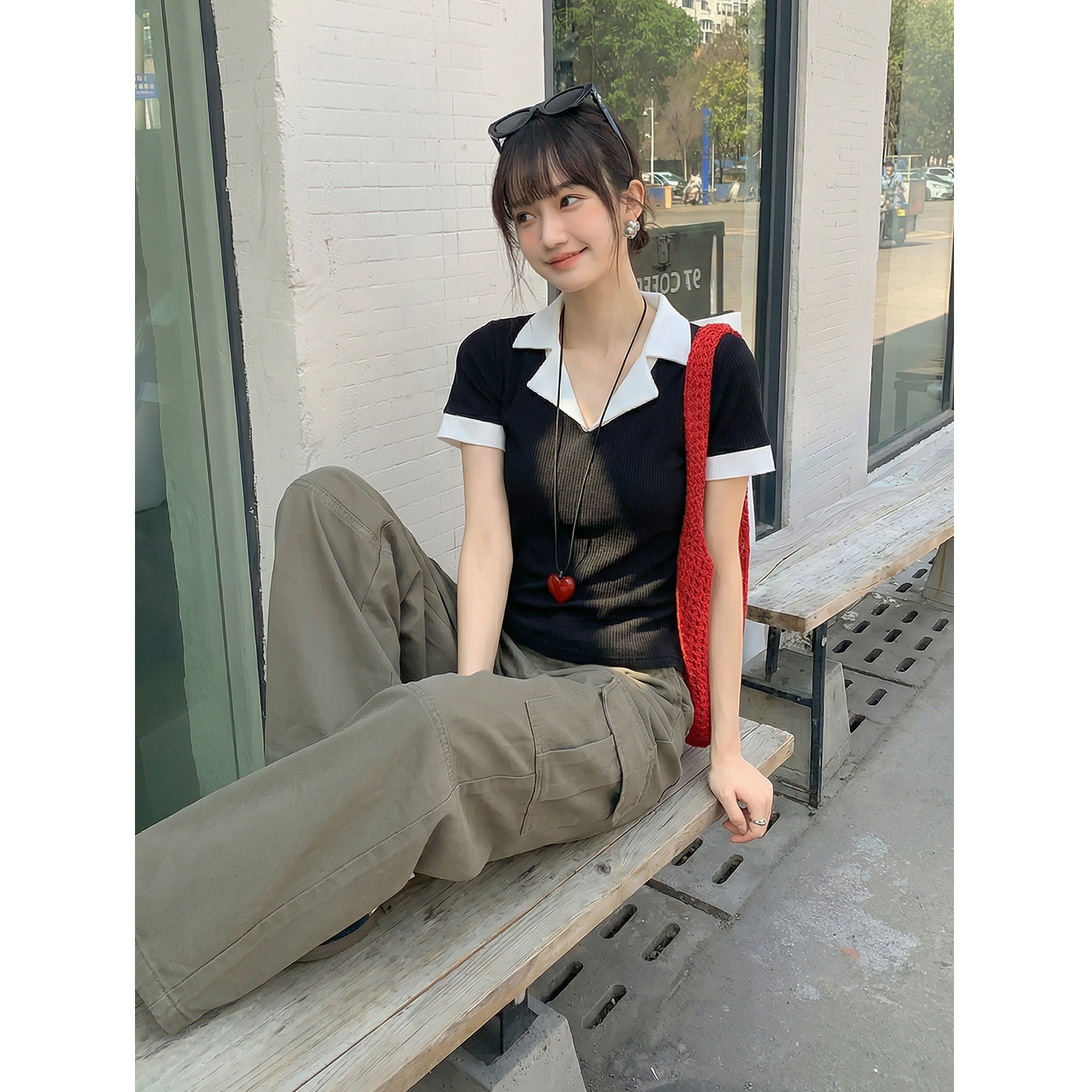 實拍實價#假兩件翻領短袖t恤女夏2026新款設計感百搭修身顯瘦上衣