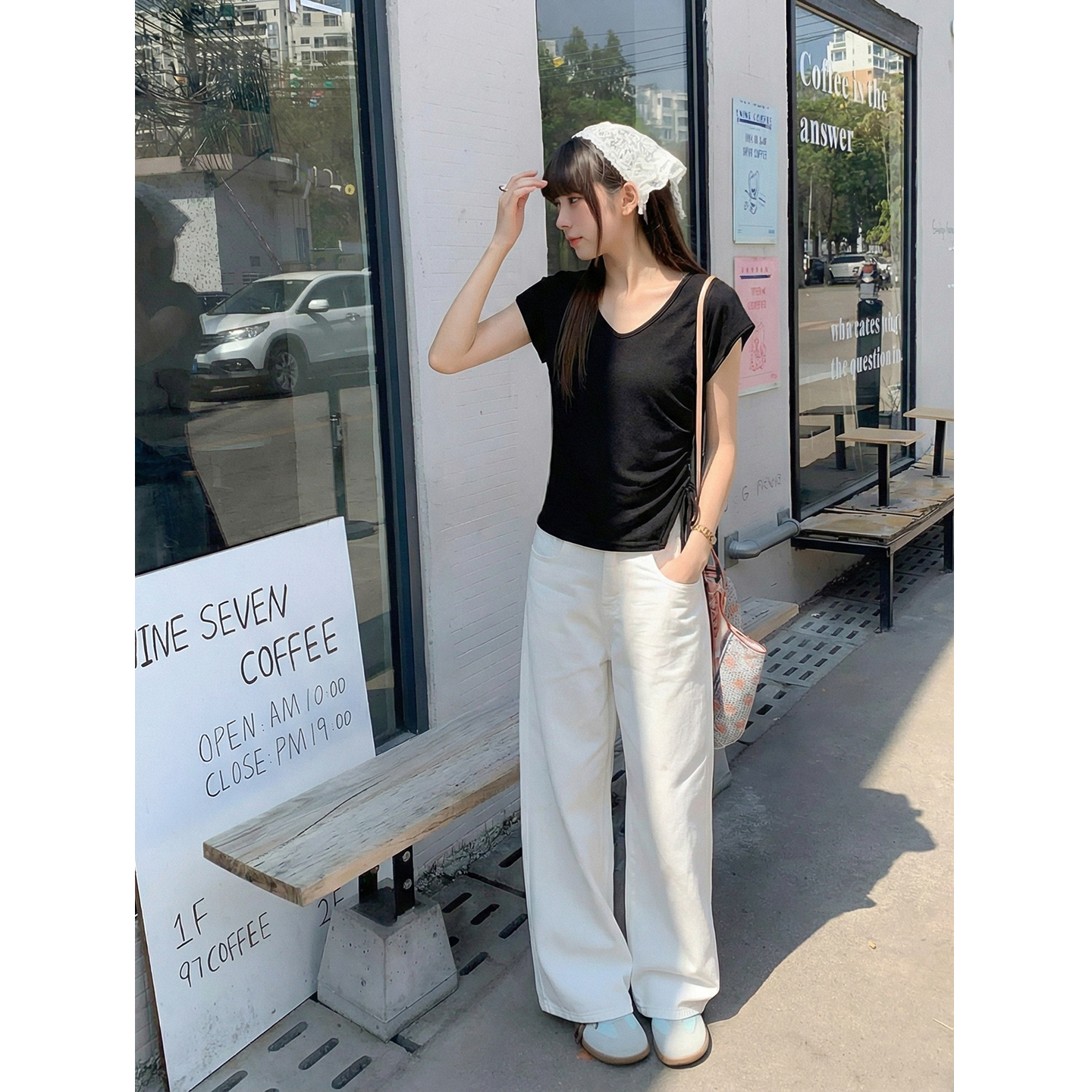 實拍實價#白色不規則v領正肩短袖t恤女2026新款顯瘦寬松體恤收腰