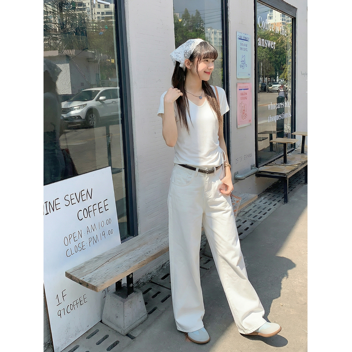 實拍實價#白色不規則v領正肩短袖t恤女2026新款顯瘦寬松體恤收腰