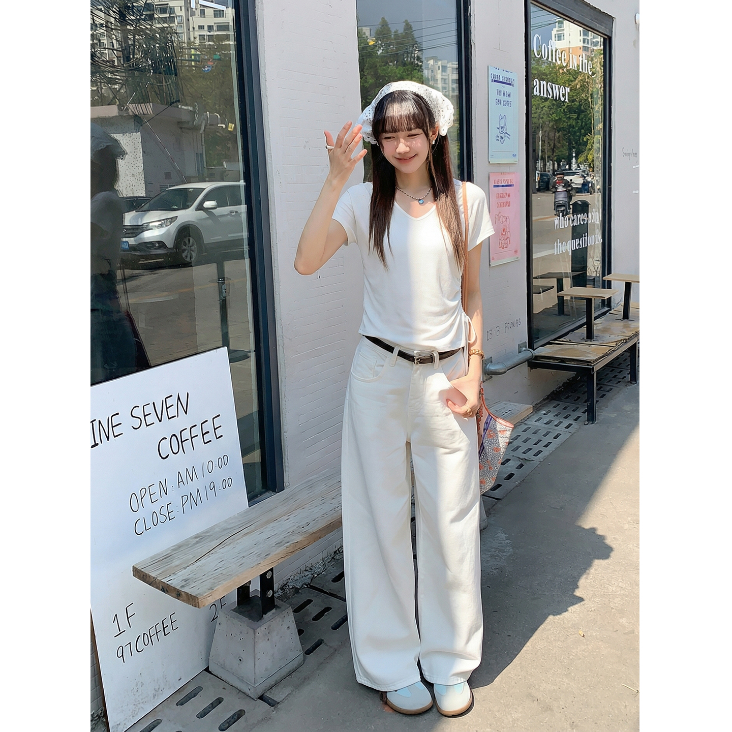 實拍實價#白色不規則v領正肩短袖t恤女2026新款顯瘦寬松體恤收腰