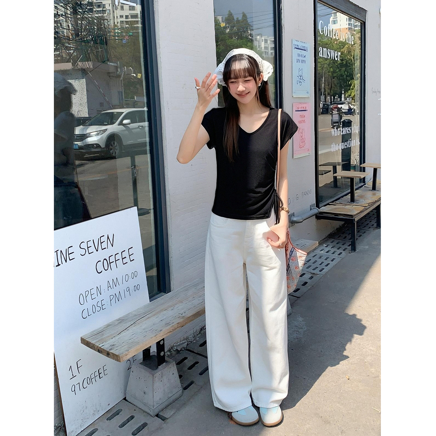 實拍實價#白色不規則v領正肩短袖t恤女2026新款顯瘦寬松體恤收腰