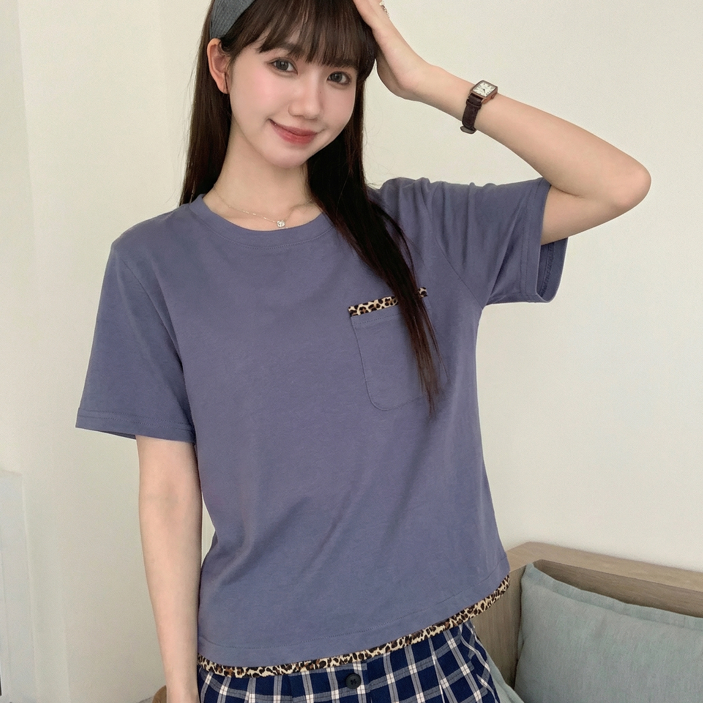 實拍實價豹紋拼接短袖t恤女夏季2026韓系純欲洋氣時尚正肩上衣