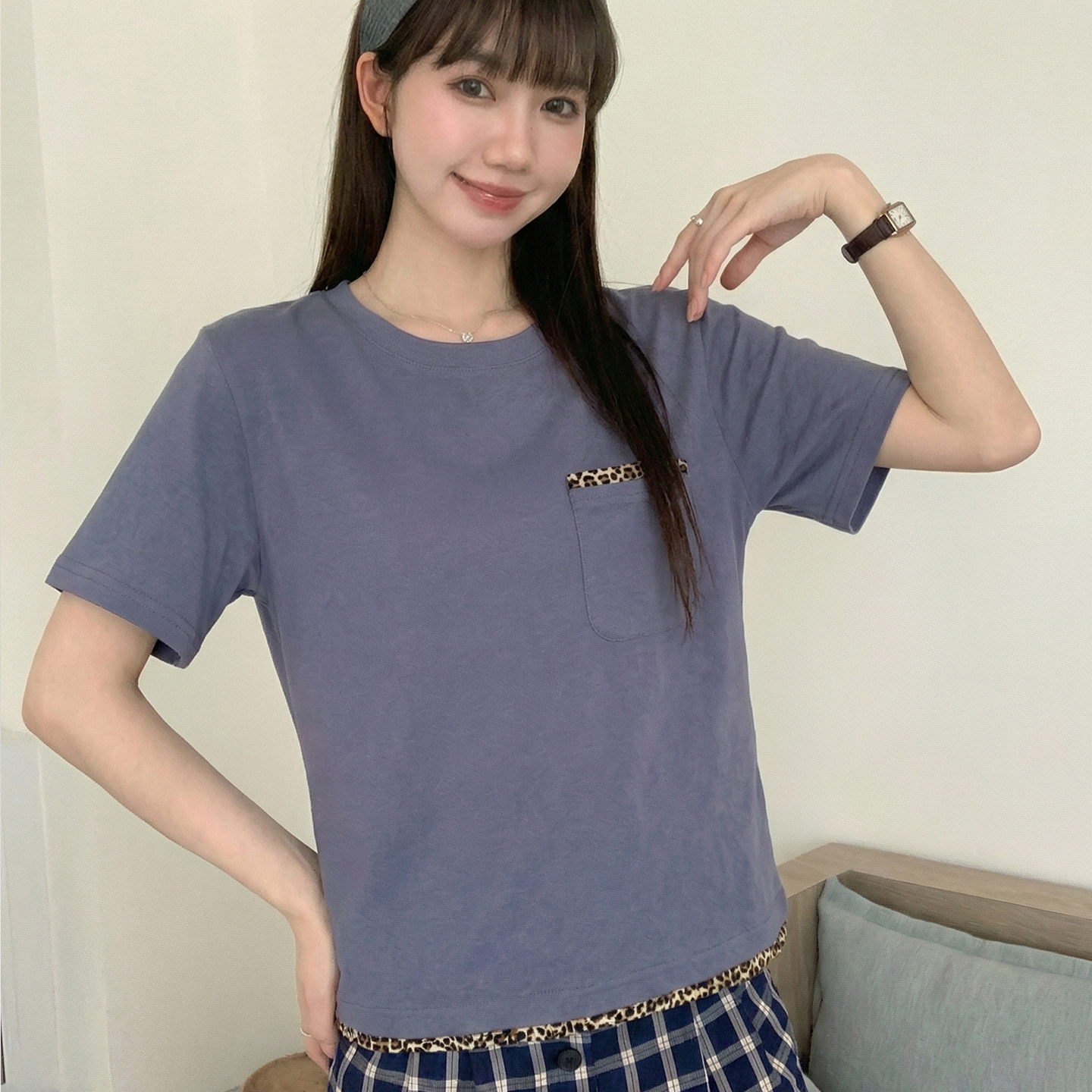 實拍實價豹紋拼接短袖t恤女夏季2026韓系純欲洋氣時尚正肩上衣