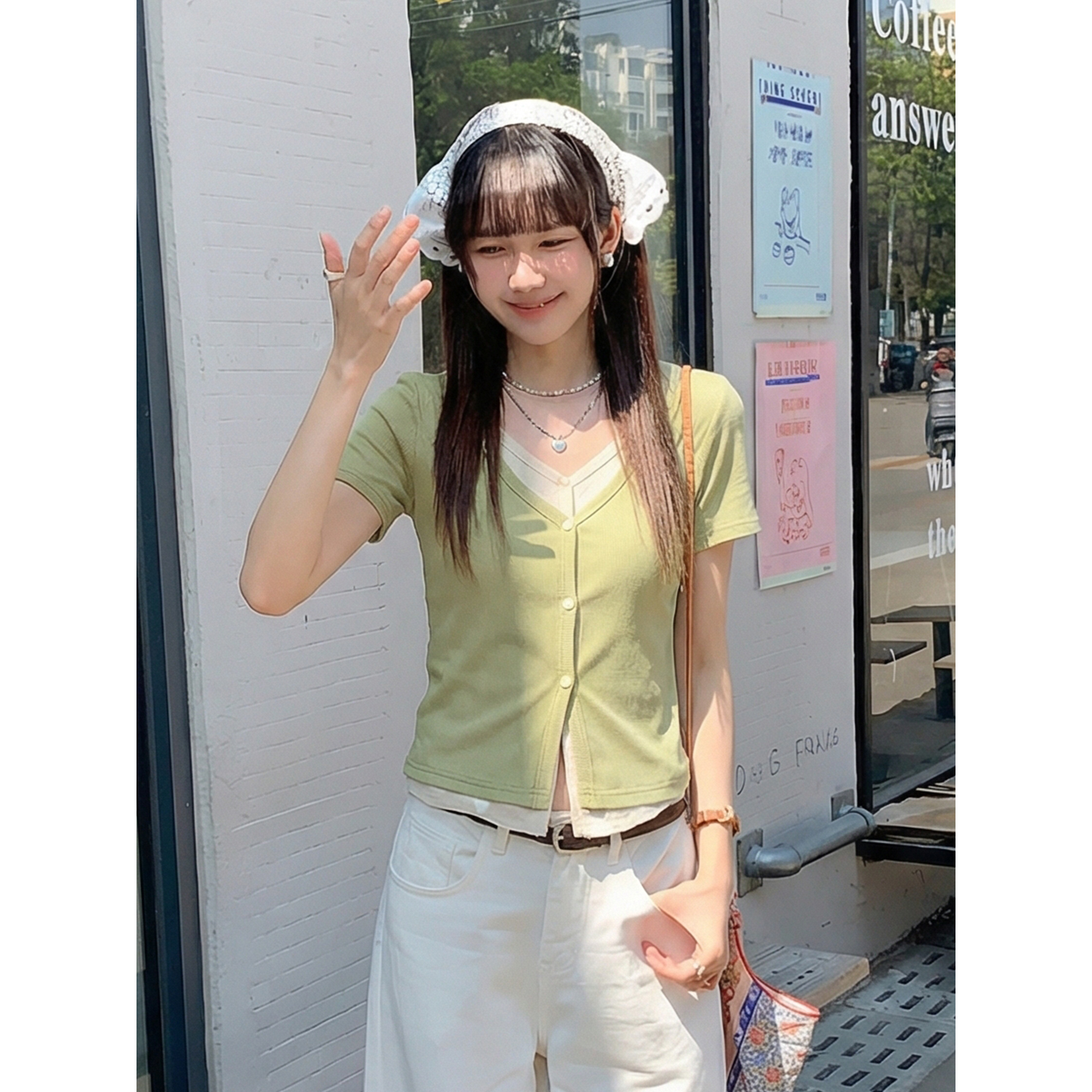 實拍實價#v領t恤女短袖夏季假兩件別致露臍短款上衣女設計感