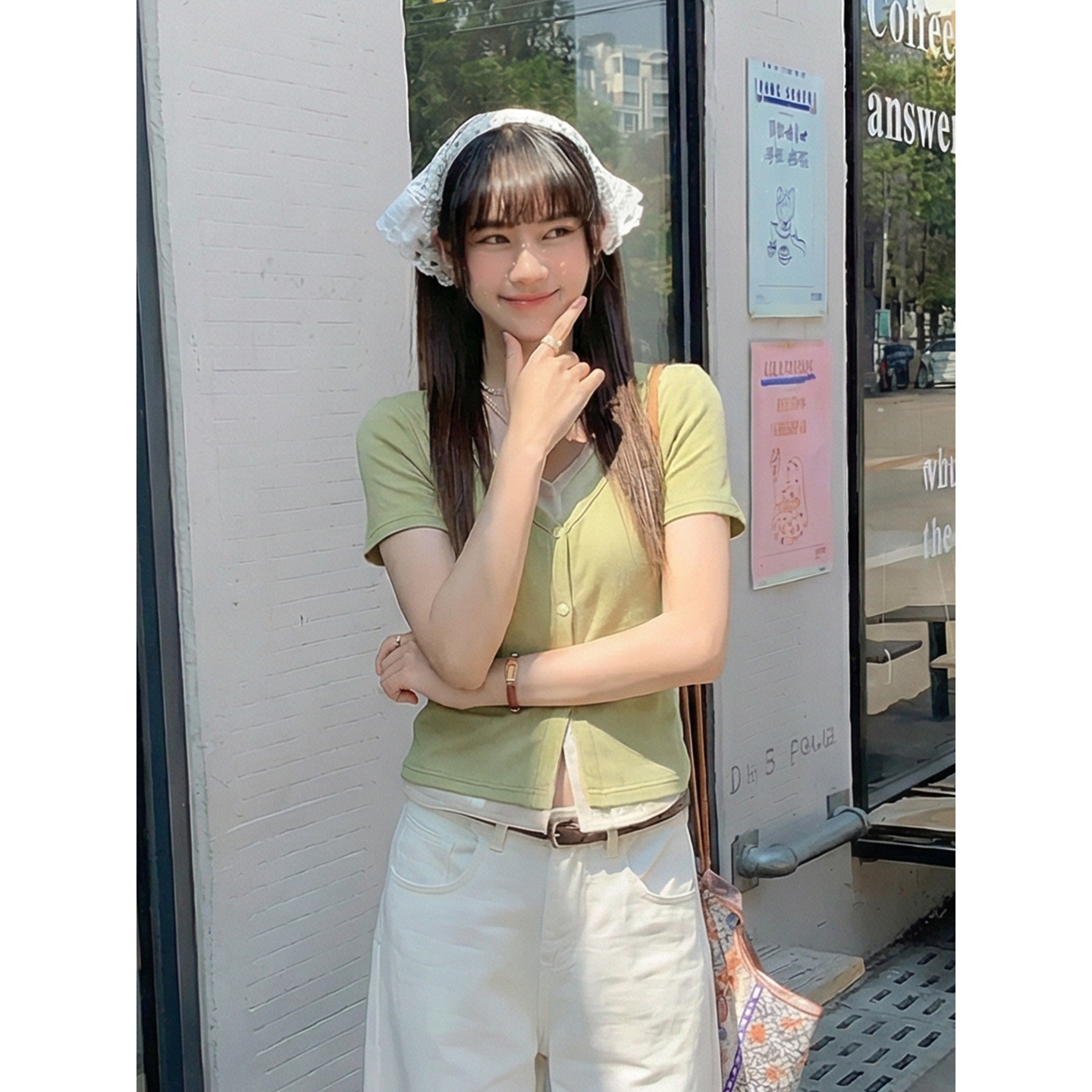 實拍實價#v領t恤女短袖夏季假兩件別致露臍短款上衣女設計感