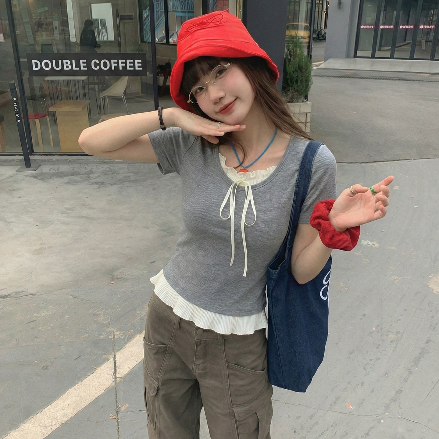 實拍實價假兩件短袖t恤女2026夏季新款設計感蕾絲蝴蝶結短款上衣