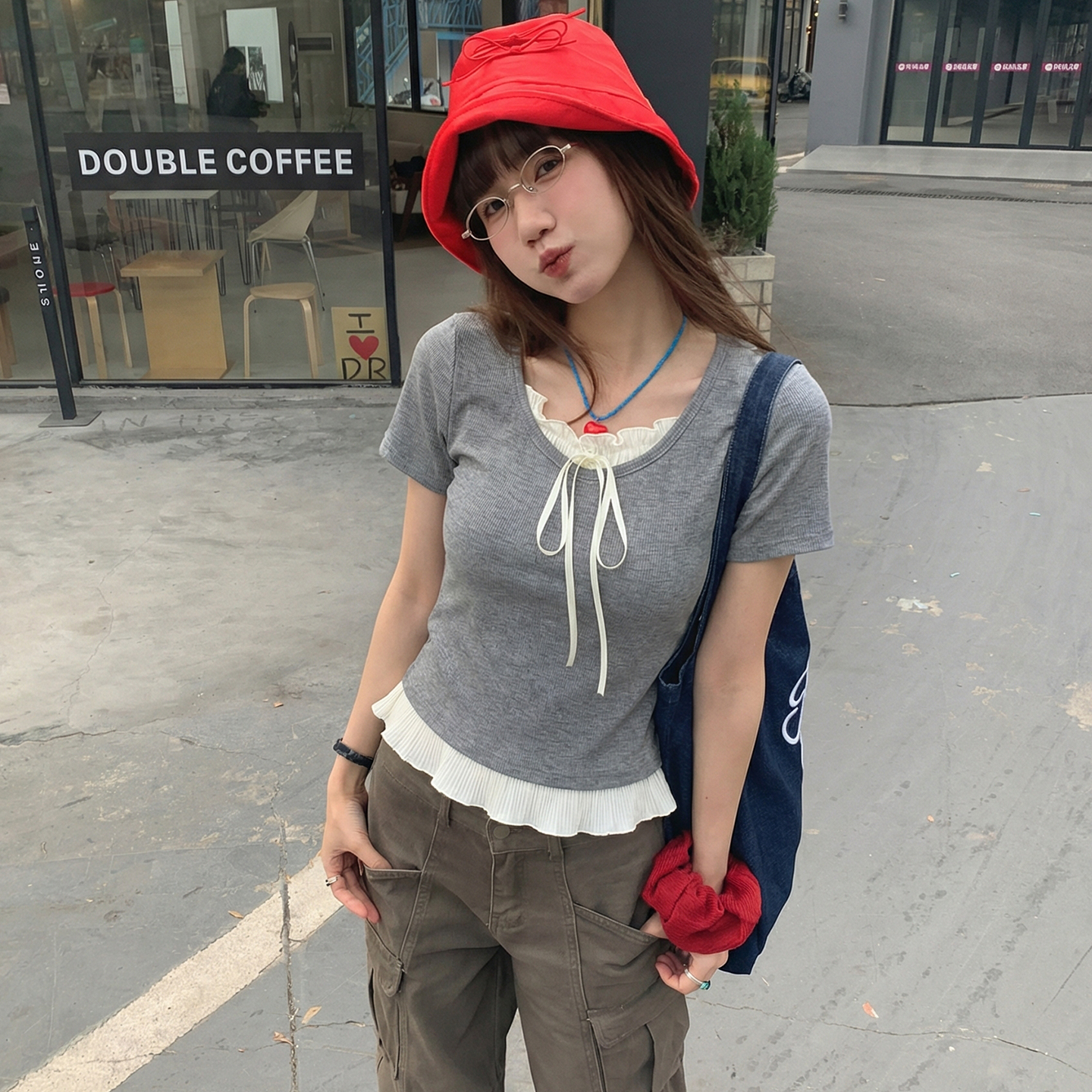 實拍實價假兩件短袖t恤女2026夏季新款設計感蕾絲蝴蝶結短款上衣