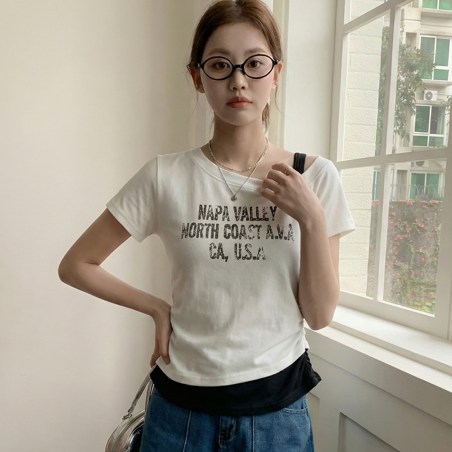 實拍實價#美式復古斜肩短袖t恤女夏高級感絕美拼吊帶接露肩收腰假