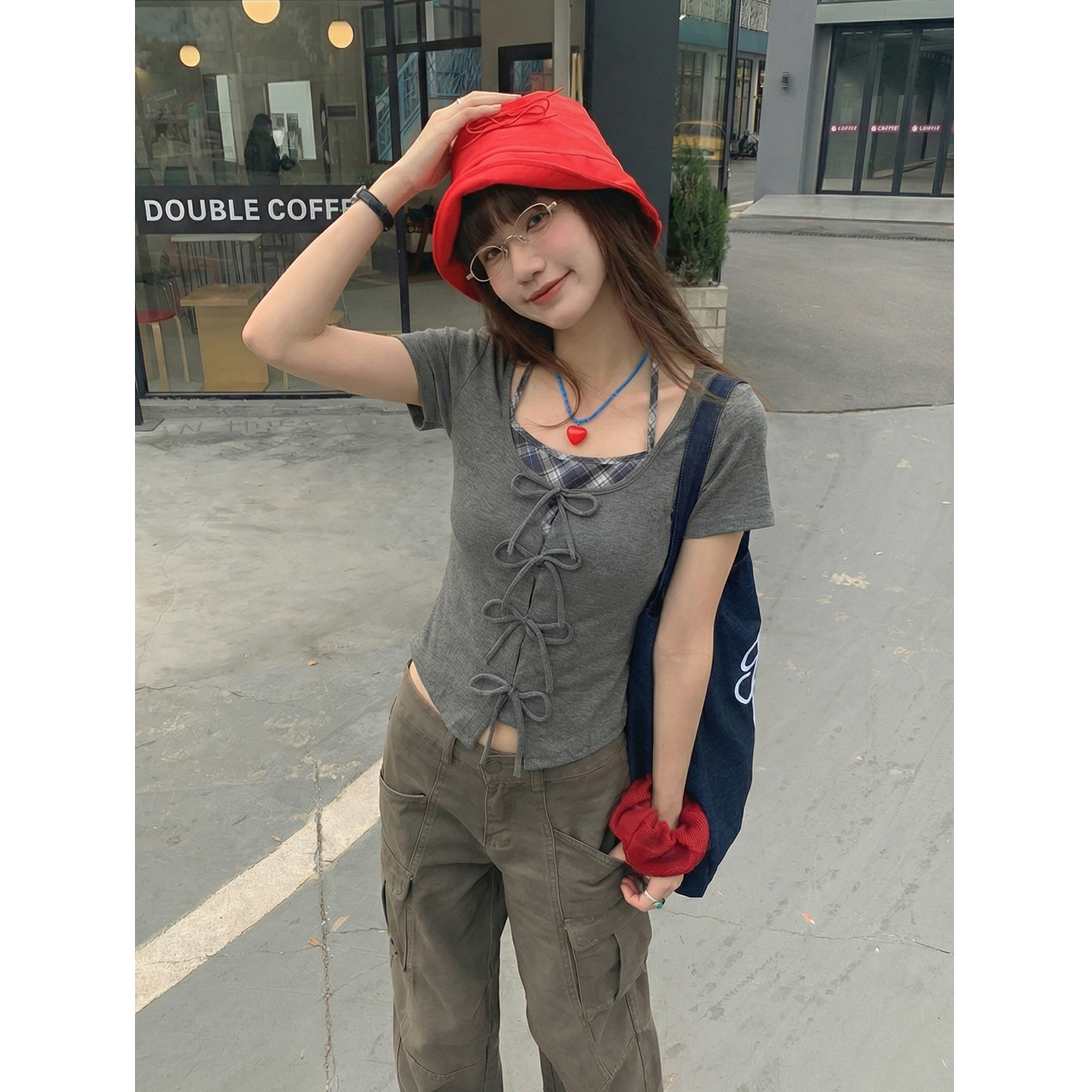 實拍實價#藍色蝴蝶結掛脖假兩件短袖t恤女夏季修身顯瘦短款體恤