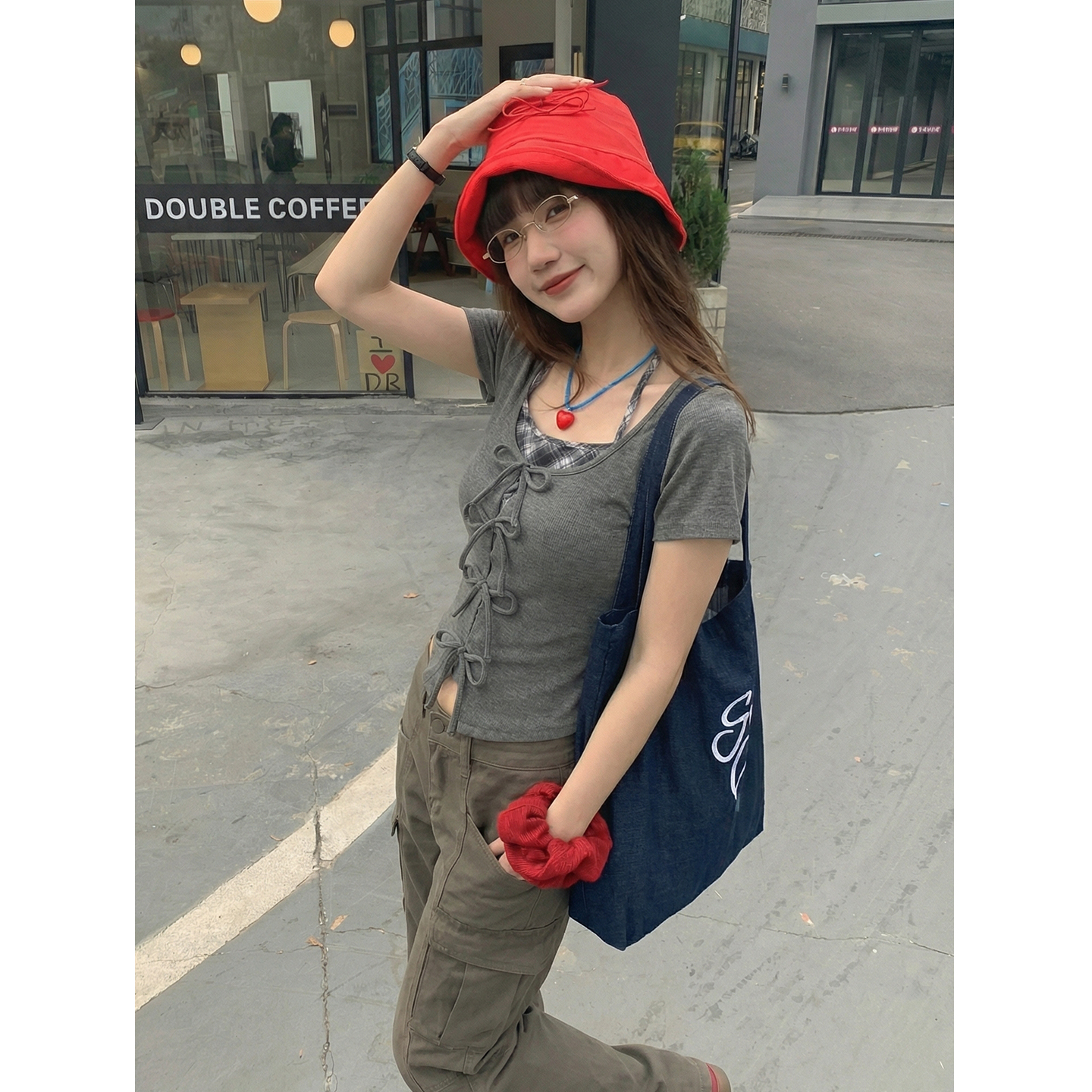 實拍實價#藍色蝴蝶結掛脖假兩件短袖t恤女夏季修身顯瘦短款體恤