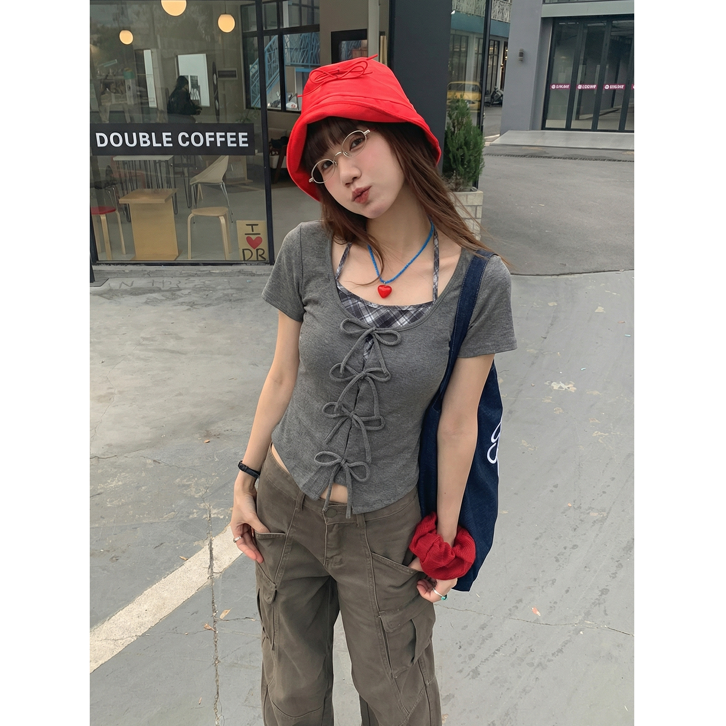 實拍實價#藍色蝴蝶結掛脖假兩件短袖t恤女夏季修身顯瘦短款體恤