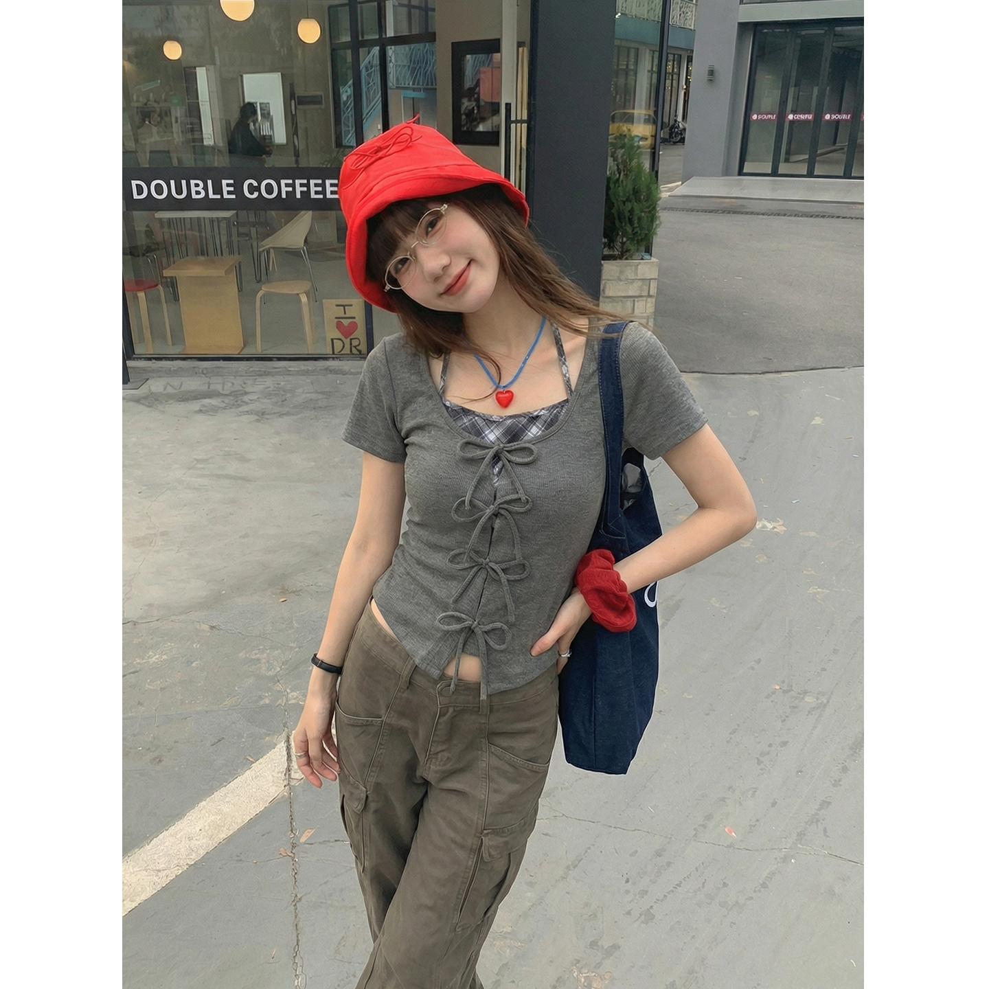 實拍實價#藍色蝴蝶結掛脖假兩件短袖t恤女夏季修身顯瘦短款體恤