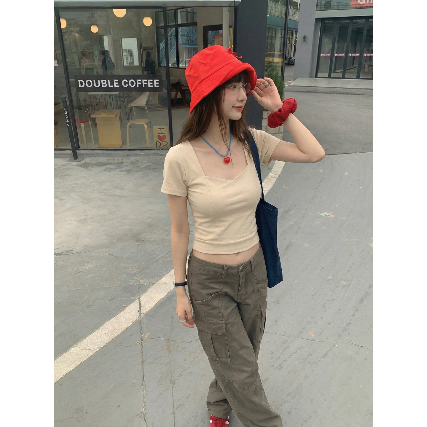 實拍實價#純棉短袖t恤女歐洲站新款設計感鎖骨方領高腰短款上衣
