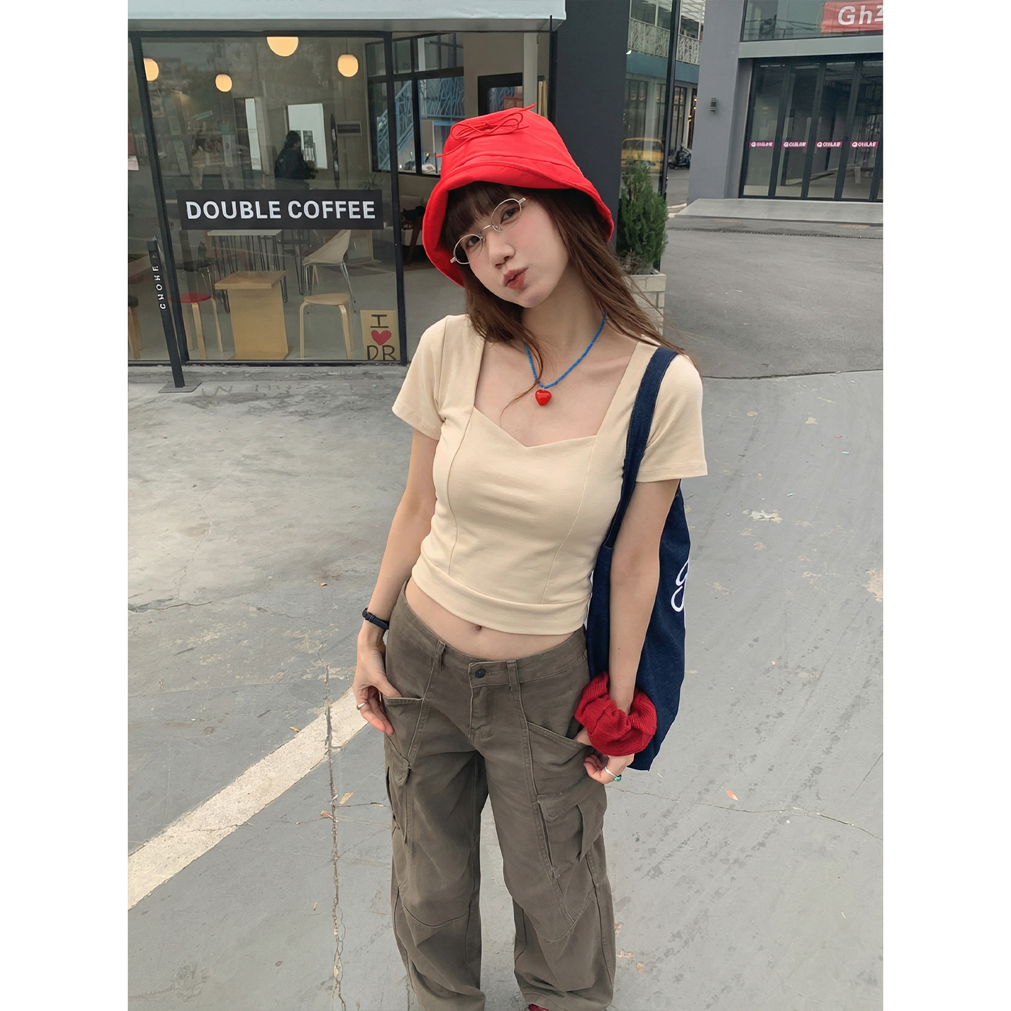 實拍實價#純棉短袖t恤女歐洲站新款設計感鎖骨方領高腰短款上衣