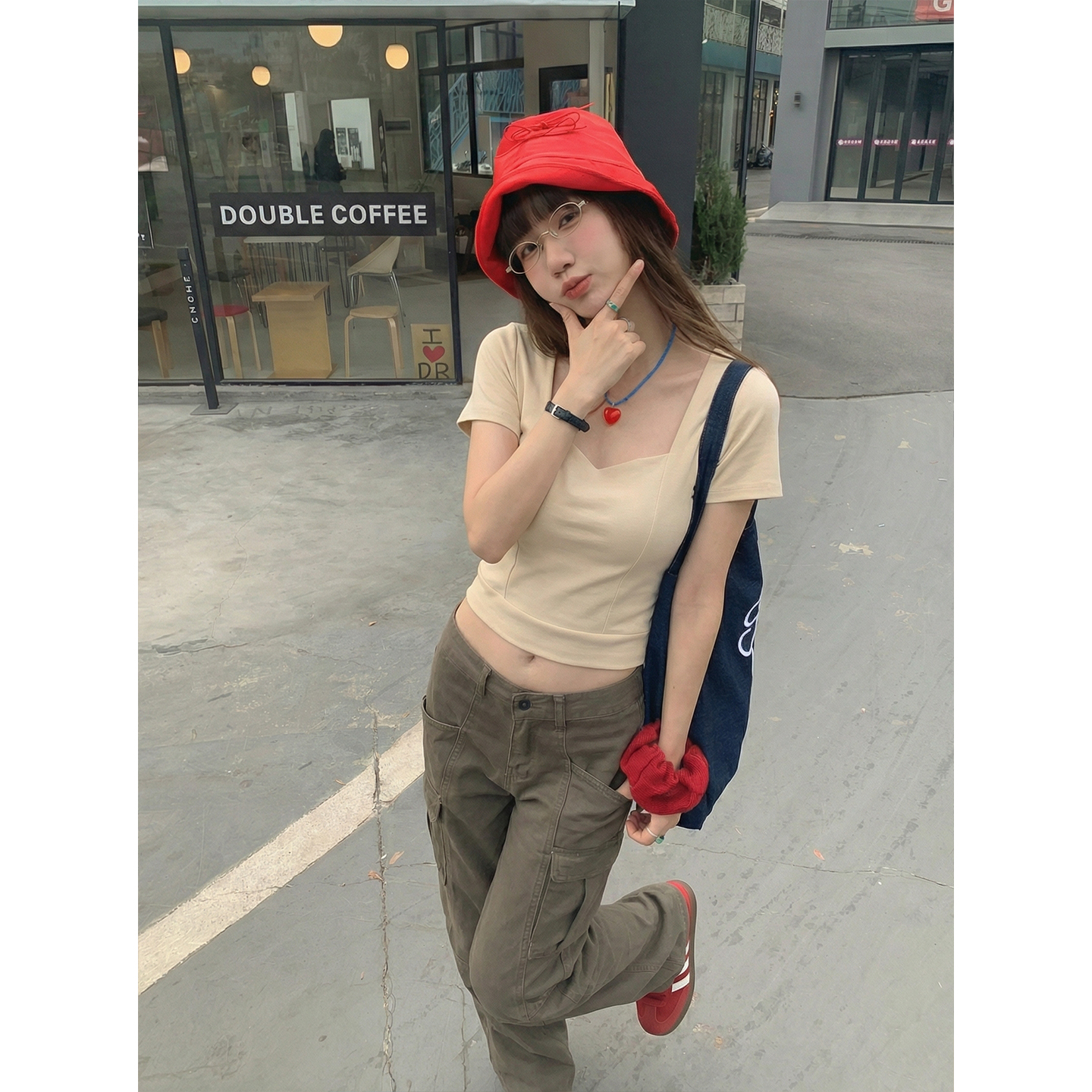 實拍實價#純棉短袖t恤女歐洲站新款設計感鎖骨方領高腰短款上衣