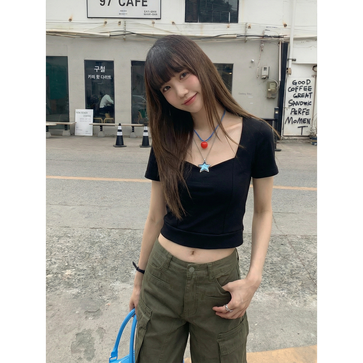 實拍實價#純棉短袖t恤女歐洲站新款設計感鎖骨方領高腰短款上衣