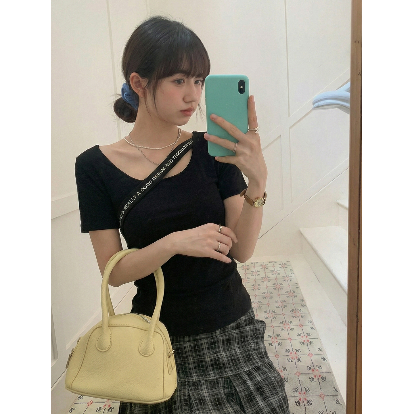 實拍實價正肩t恤女短袖夏裝2026新款墊肩露鎖骨別致上衣半袖體恤