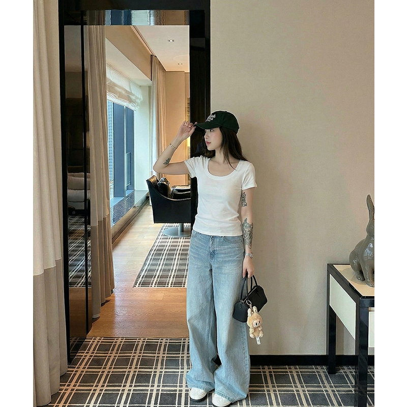 AI實價白色u領純棉正肩短袖t恤女夏短款緊身修身顯瘦休閑百搭