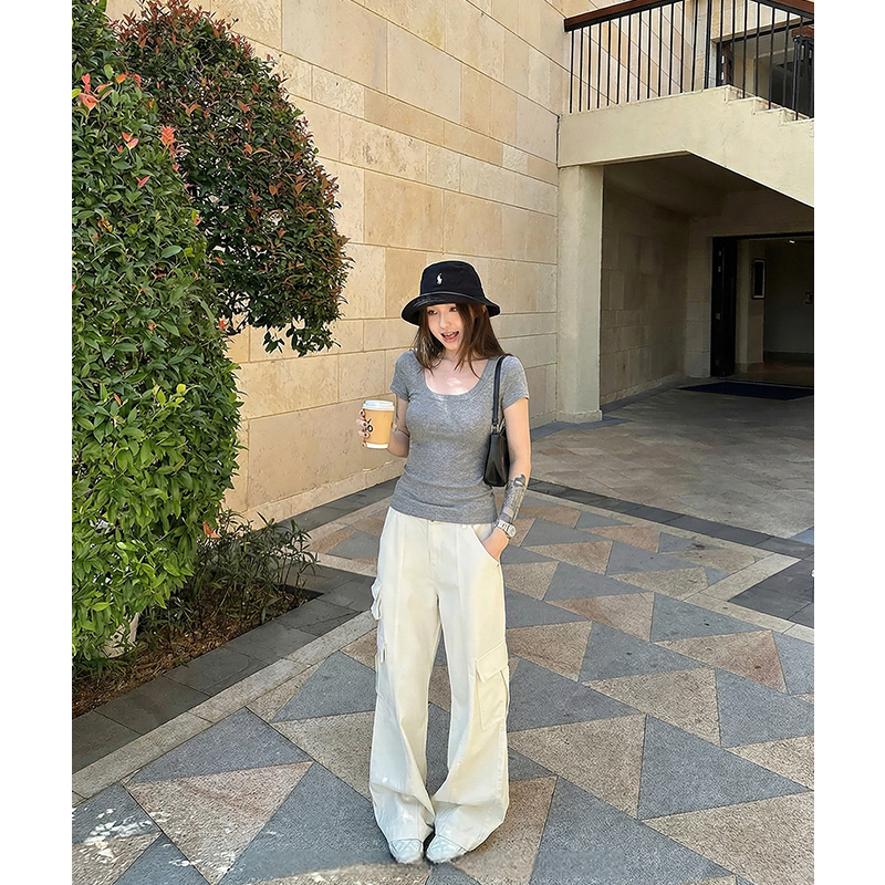 AI實價白色u領純棉正肩短袖t恤女夏短款緊身修身顯瘦休閑百搭