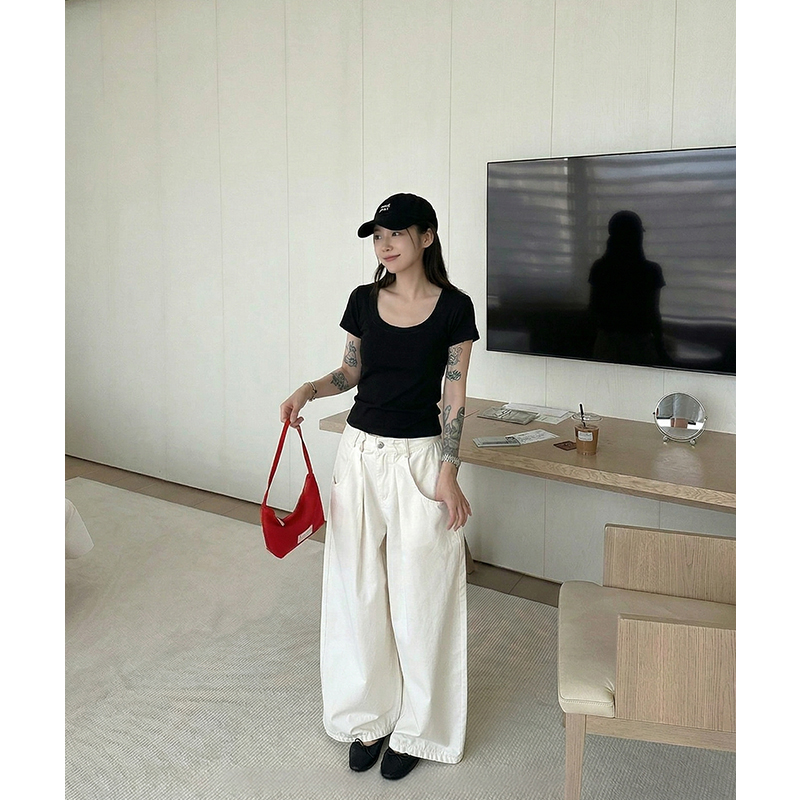 AI實價白色u領純棉正肩短袖t恤女夏短款緊身修身顯瘦休閑百搭