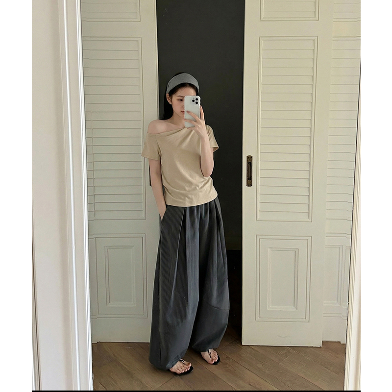 AI實價斜肩短袖t恤女2026春季新款設計感百搭修身顯瘦露肩上衣